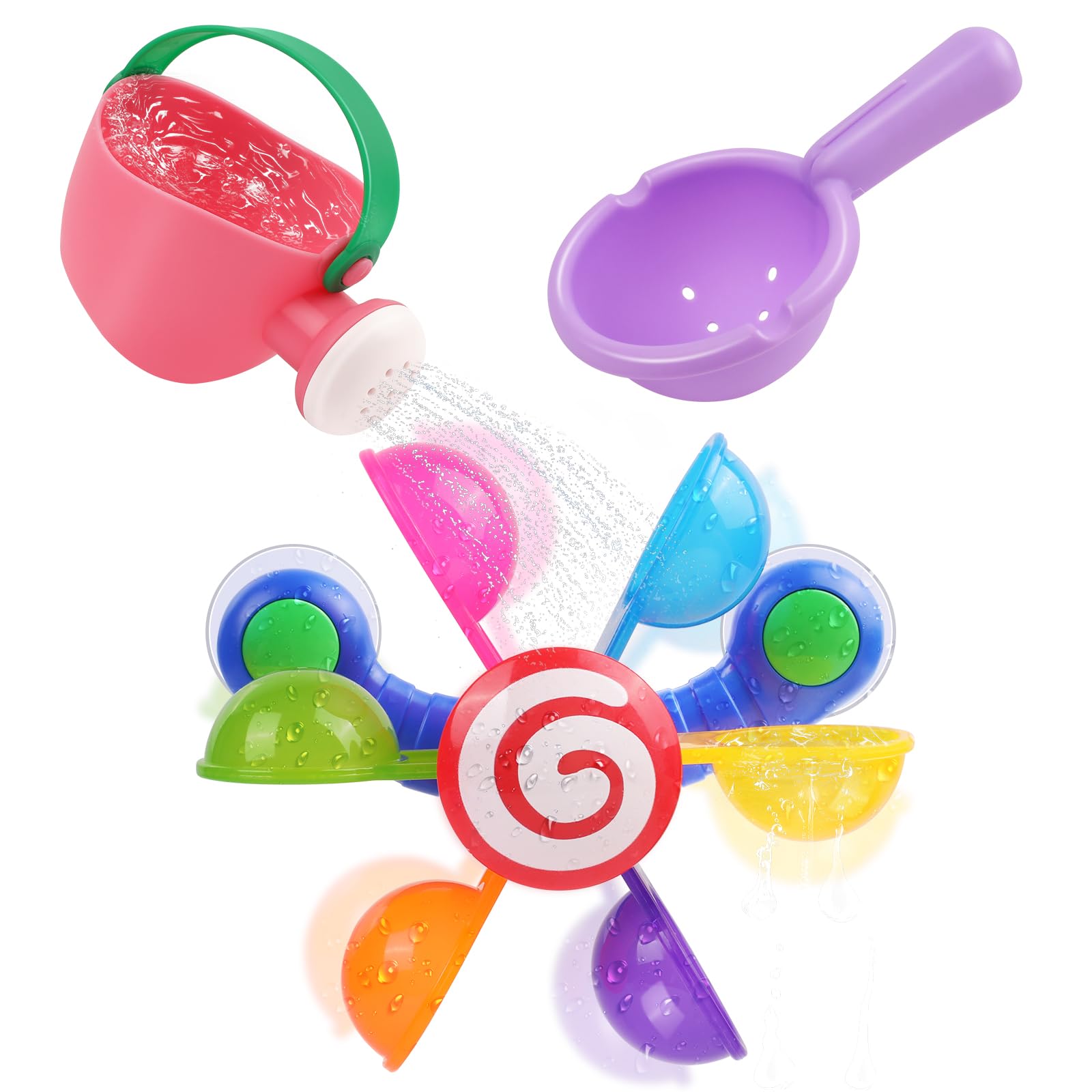 Oukitoymer Baby Bath Toy, Kids Watering Can Bathing Spoons Windmill Water Toys Set of 3, Fun Interactive Water Bathtub Toy, Beach Shower Swimming Pool