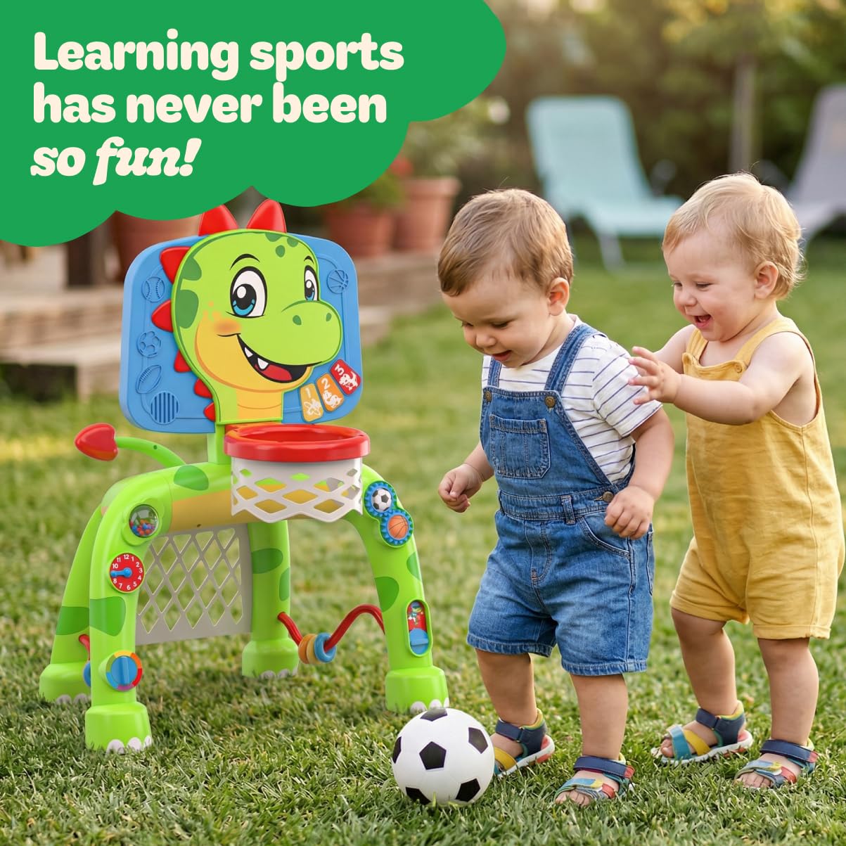 Move2Play, Dinosaur Basketball Hoop & Soccer Goal Activity Center | 30+ Sounds & Songs + 5 Lights | 1 2 3 Year Old for Boys and Girls | Toy & Gift