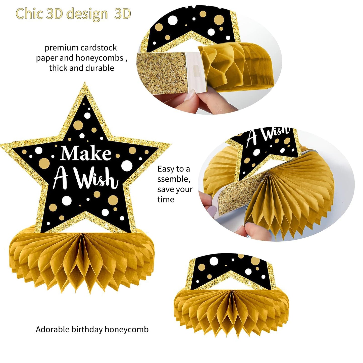 Tevxj 9 Pieces Black Gold Birthday Decorations: Honeycomb Table Toppers & Centerpieces for Tables, Happy Birthday Party Supplies