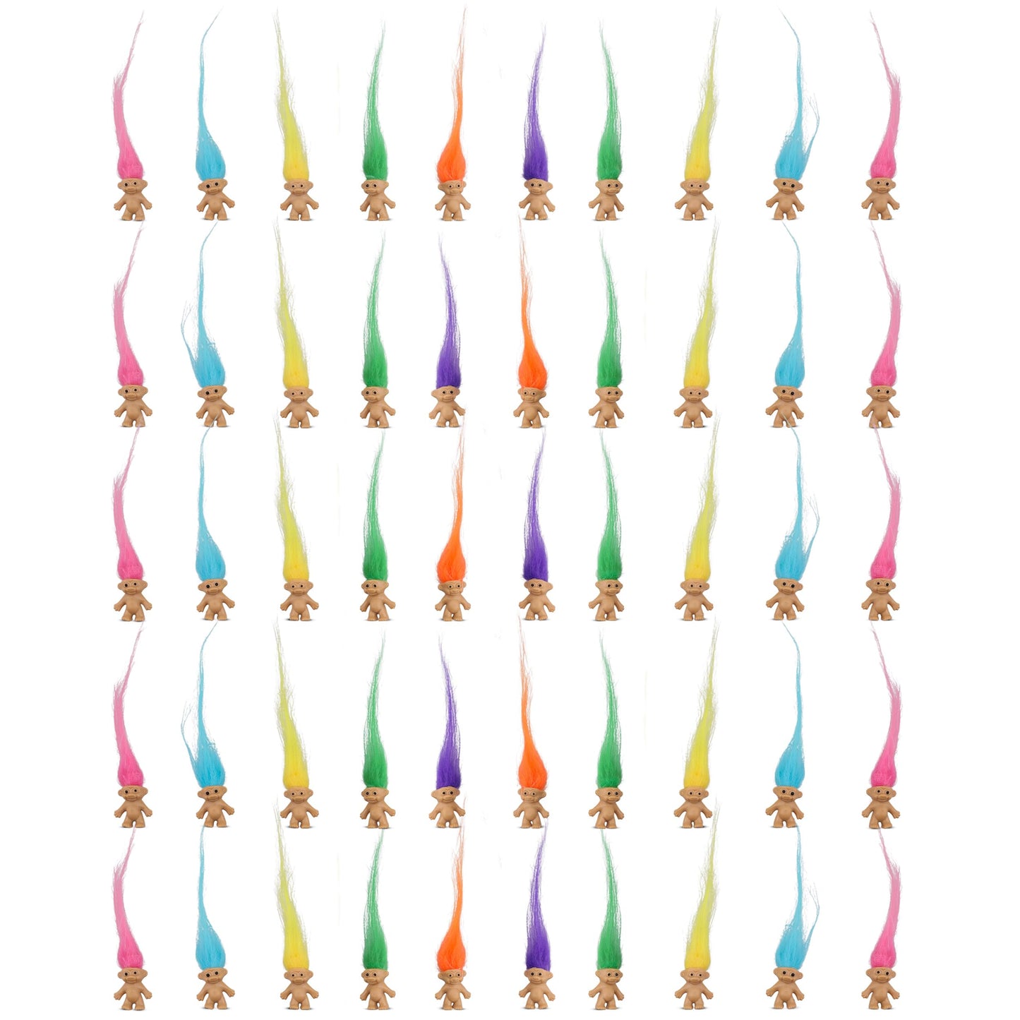 50 Pcs Long-haired Lucky Mini Troll Dolls, Assorted Hair Colors, 0.78" Bodies, 2" Hair. Cake Toppers, Action Figures, School Project, Arts and Crafts