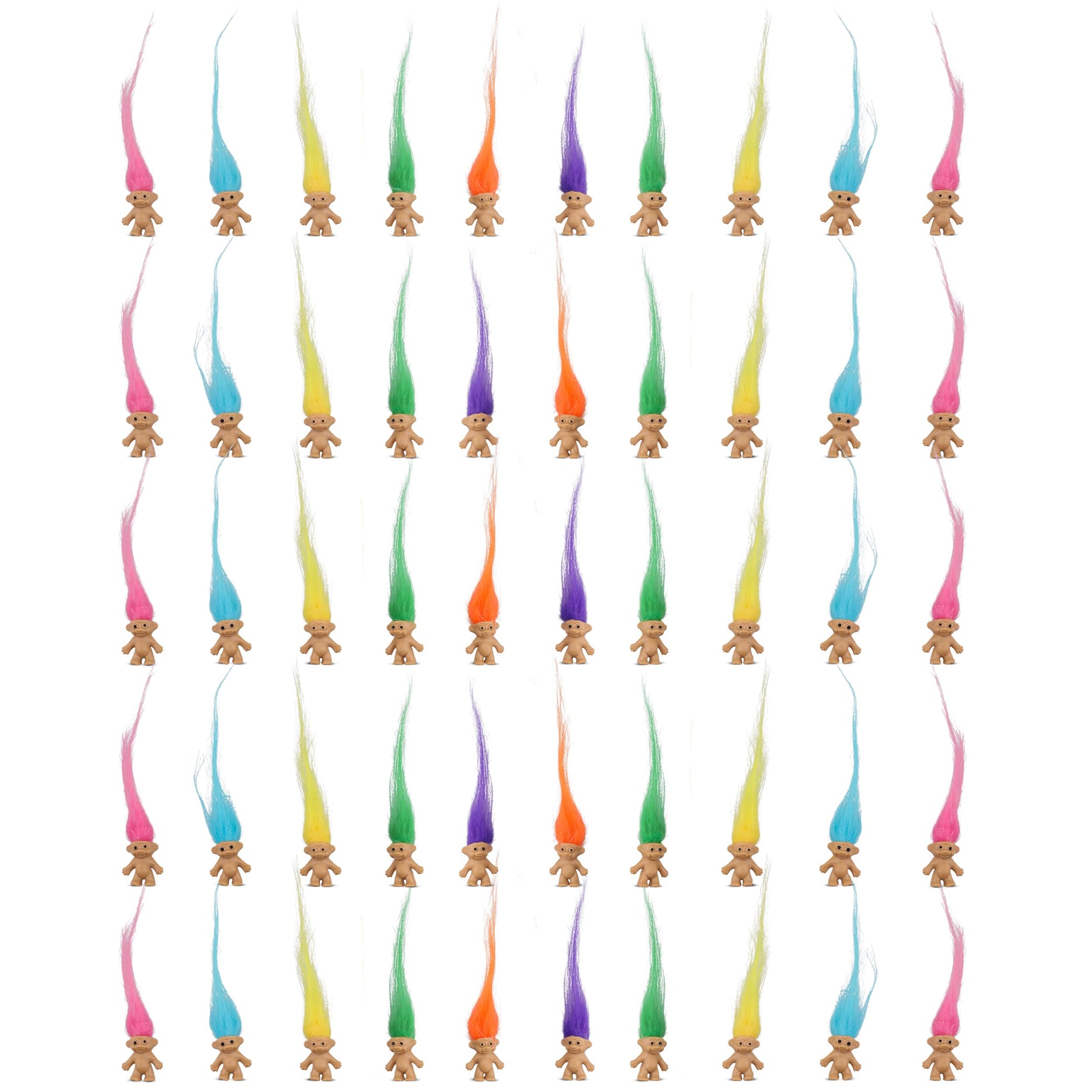 50 Pcs Long-haired Lucky Mini Troll Dolls, Assorted Hair Colors, 0.78" Bodies, 2" Hair. Cake Toppers, Action Figures, School Project, Arts and Crafts