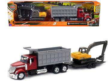 New Ray Toys International Lonestar, Dump Truck w/Excavator 1:43 Scale 18" DIECAST 16623 RED