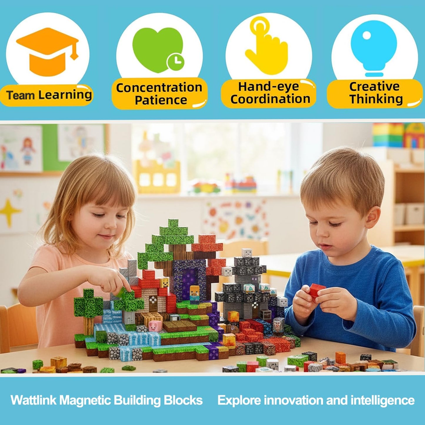 Wattlink Magnetic Building Blocks Set, 200 Pieces Pixel Style Construction Toys with Character Blocks, 0.8 Inch Cubes for Ages 3+, Non-Toxic