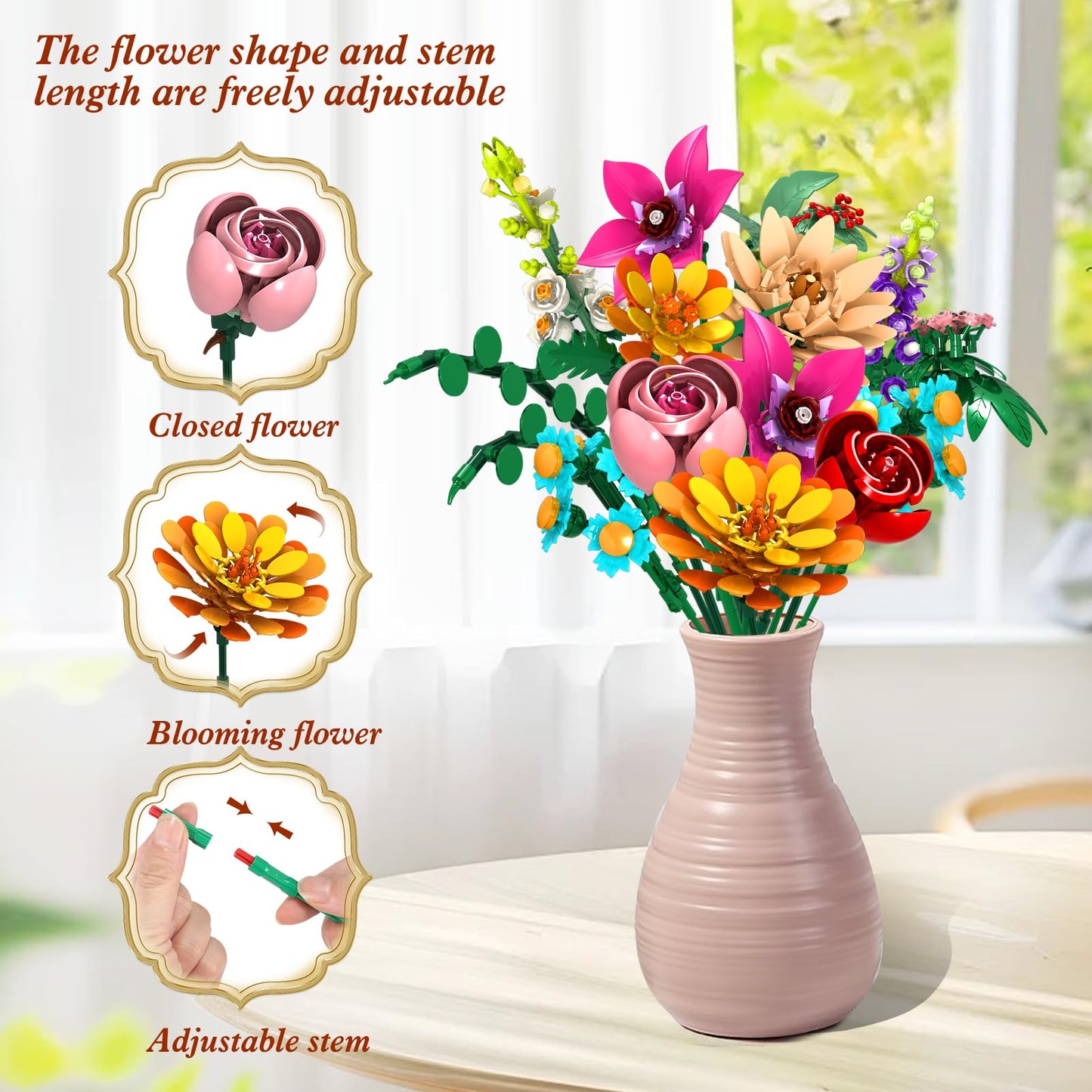 GoStock Flower Building Block Set, 13 Style Plant Bouquet Collection Toy, 887PCS Flowers Building Block Toy for Home Office Decor Adults Women Girls