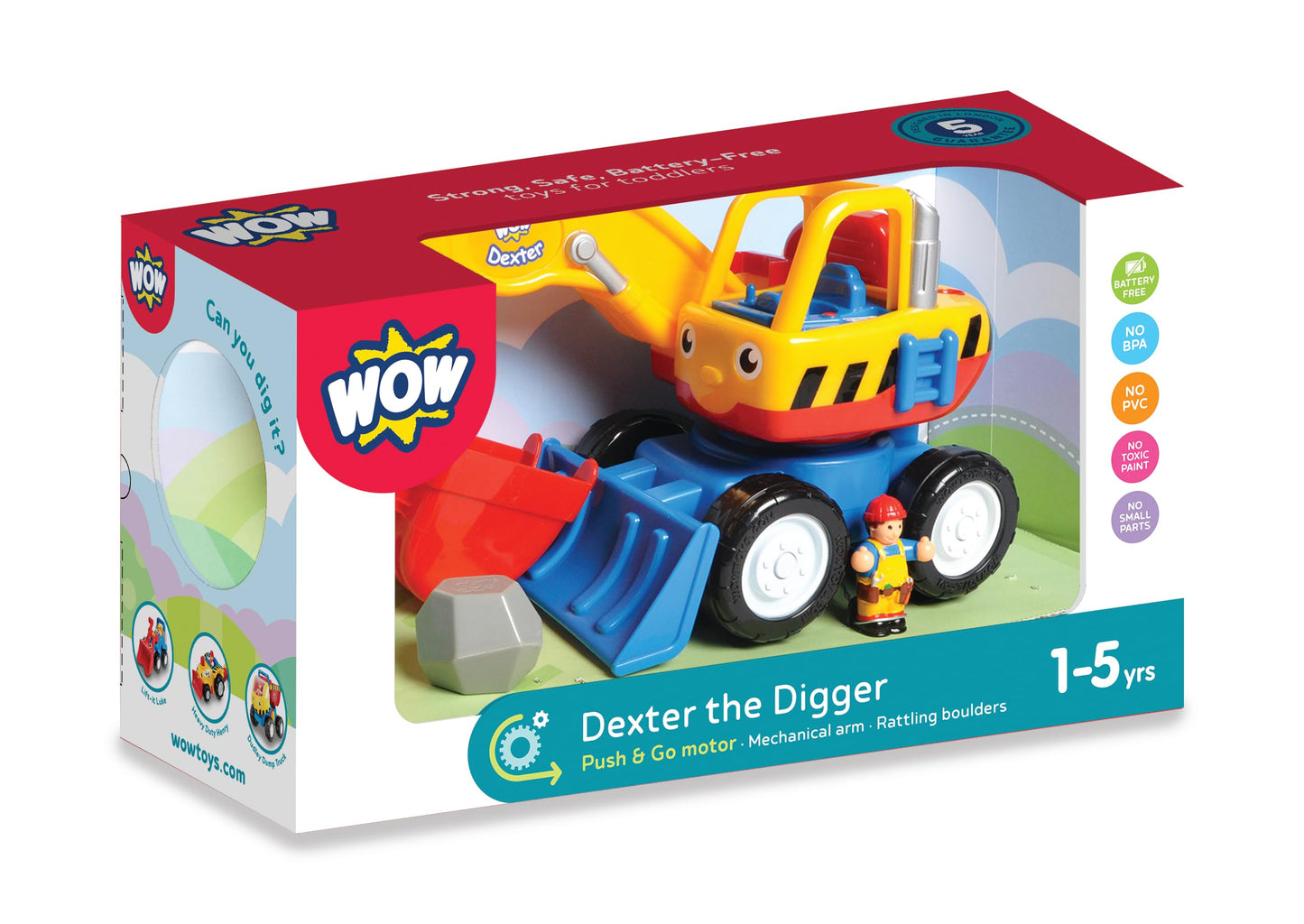 WOW Toys Dexter The Digger - Friction Powered Excavator Truck with Driver Figure & Moving Scoop | No Batteries, Durable Toddler Construction Toy