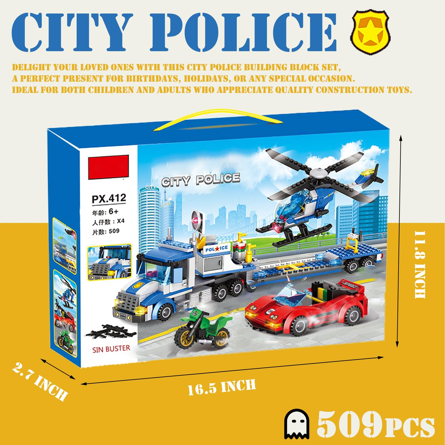 EtrealEli City Police Car, Motorcycle,Truck and Trailer&Helicopter Building Block Sets(509pcs),Police Chase Toy Set,Gift for Kids and audlts