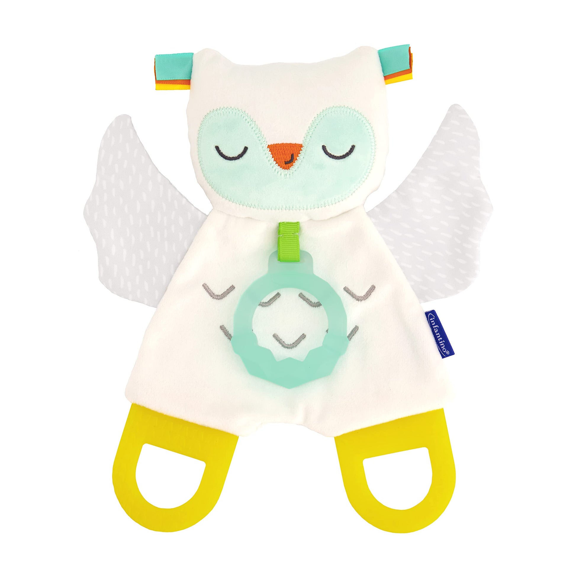 Infantino Glow-in-the Dark Cuddly Teether - Owl Soft Toy with 3 Textured Teethers, Fiddle Flags, Crinkle Sounds, Soft Material, On the Go Toy