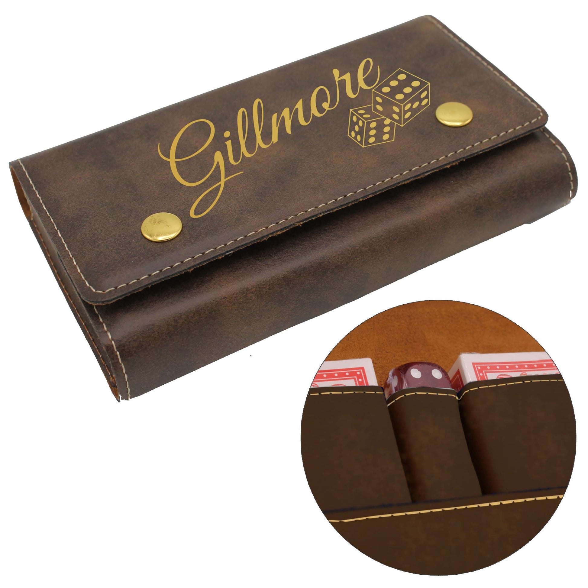 The Wedding Party Store Custom Personalized Playing Card and Dice Gift Box Set - 2 Decks and 5 Dice Inside Case Holder (Rawhide with Gold)