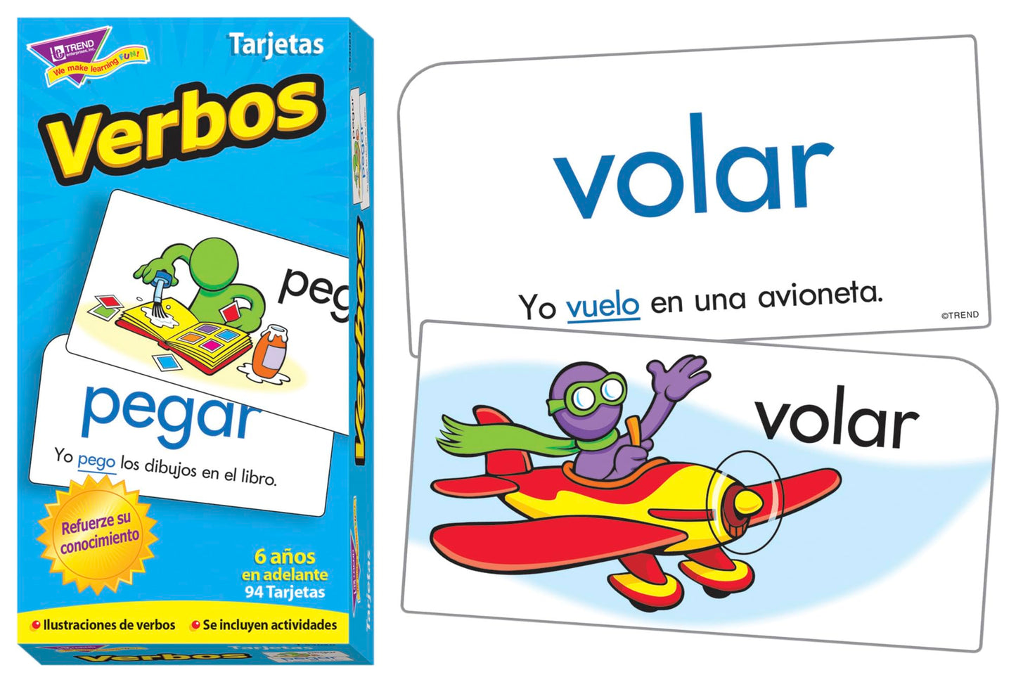 Trend Enterprises: Verbos (Spanish Action Words) Skill Drill Flash Cards, Grow Spanish Fluently, Illustraions with Words & Sample Sentence, 94 Cards