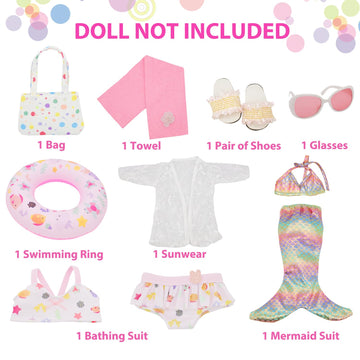 11 Pieces 18 Inch American Doll Bathing Suit Swimsuit with Accessories, Fashion 18 inch Doll Summer Outfits Including Mermaid Outfits,Swimming