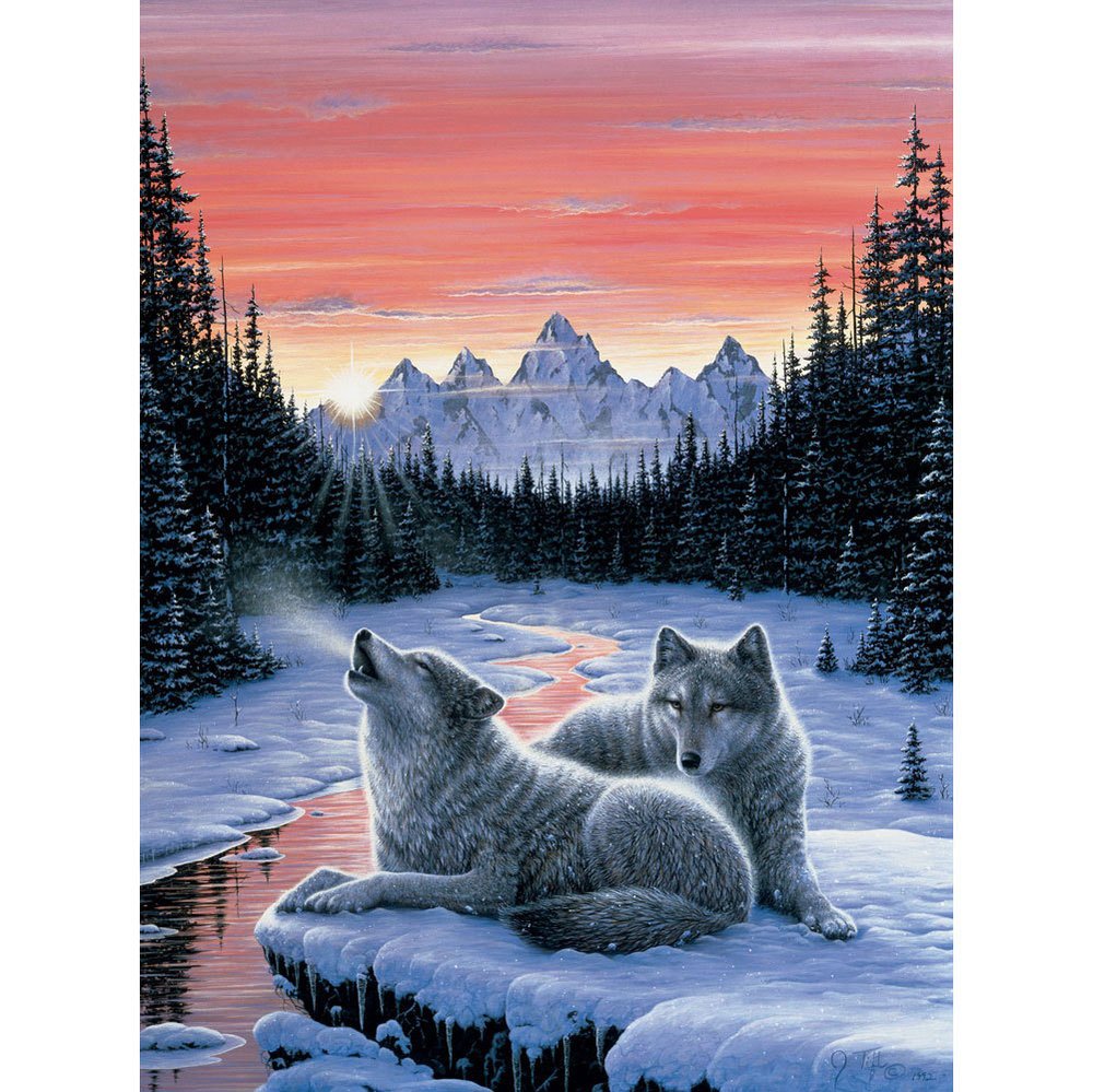 Bits and Pieces - 300 Large Piece Glow in The Dark Puzzle for Adults - Winter's Dawn, Snowy Winter, Wolf - by Artist Jeff Tift - 300 pc Jigsaw