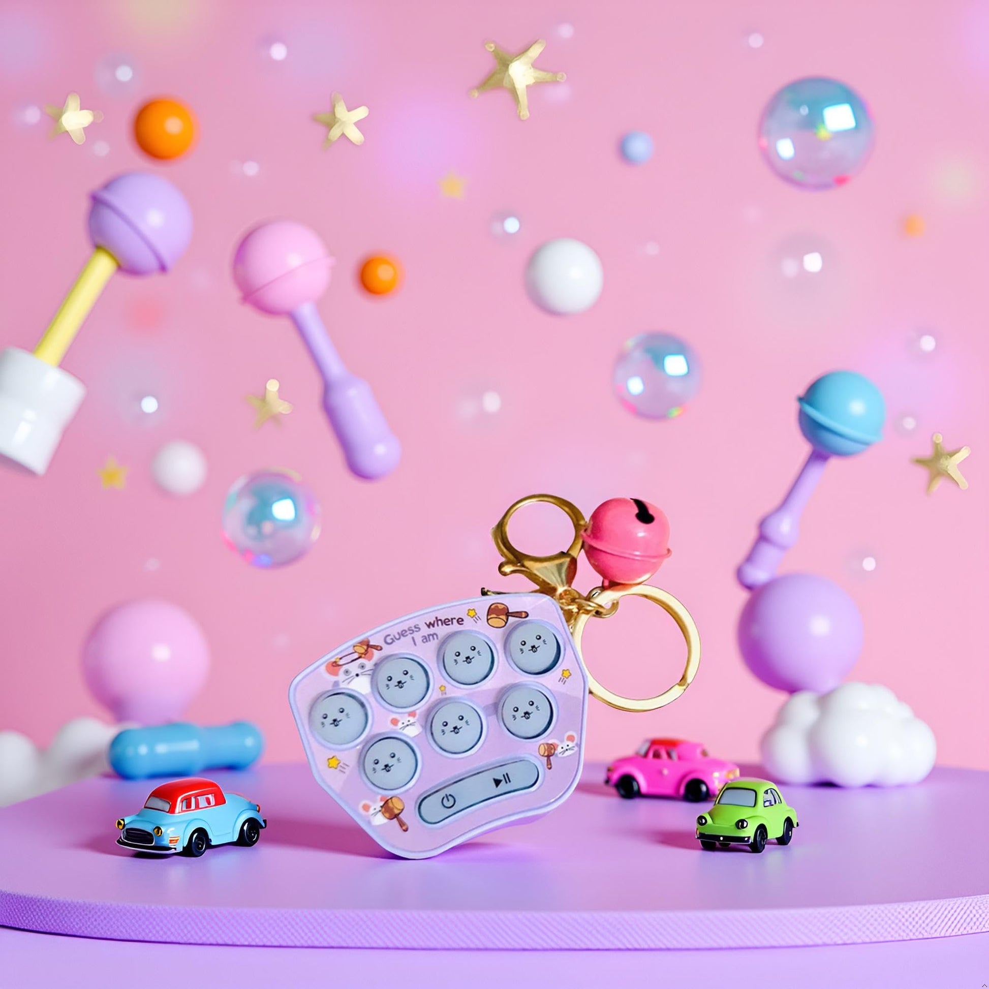 Jowxsx Purple Mini Game Keychain, LED Electronic Mini Hamster Memory Game Keychain with Bells, “Guess-Where I Am Fidget for Kids Adult Handheld Games