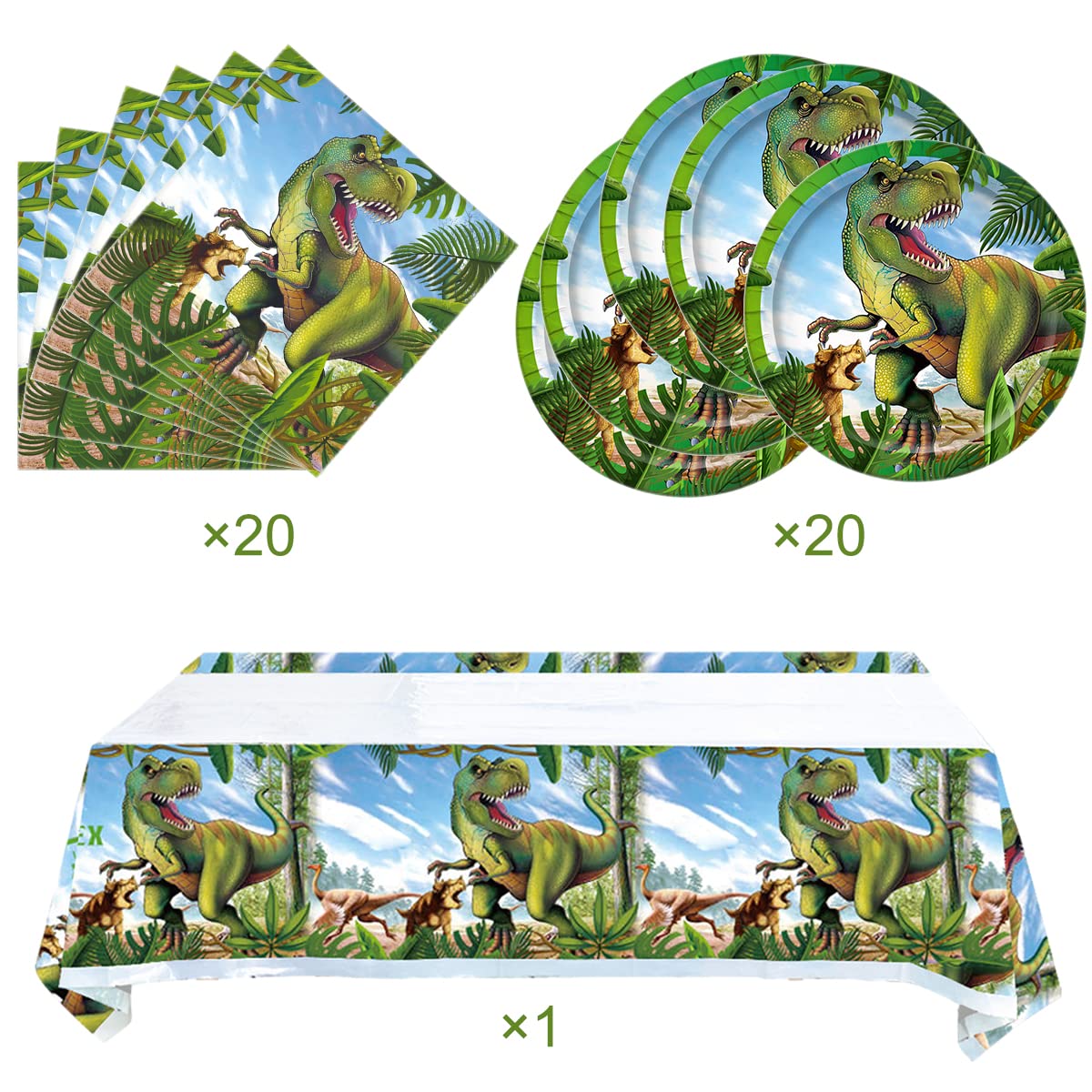 Tyrannosaurus Rex Party Tableware Set,20 Plates and 20 Napkins and Tablecloth71 '' x 42 '' Jurassic Dinosaur Party Supplies ForKids Birthday Party