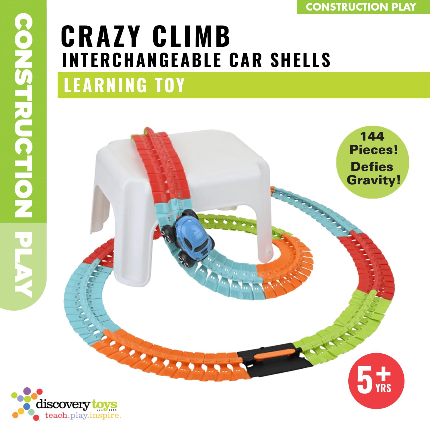 Discovery Toys Crazy Climb Track | Flexible Race Track Set with LED Light-Up Car | 144 Track Pieces with 2 Interchangeable Car Shells | Custom