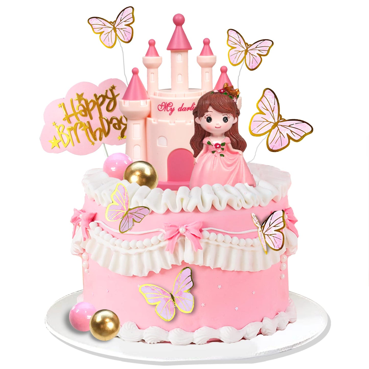 19 PCS Princess Cake Topper Castle Cake Decoration with Butterflies and Balls for Princess Birthday Supplies (Pink)