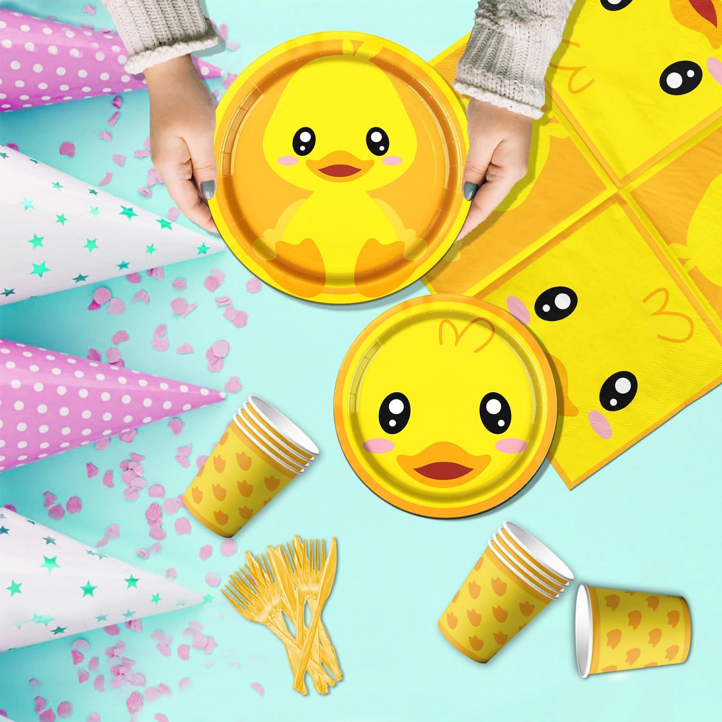 Rubber Duck Party Supplies,Happy Birthday Duckie Tableware Set Duck Plates Yellow Baby Shower Napkins Cups for Waddle It Be Gender Reveal Party,One