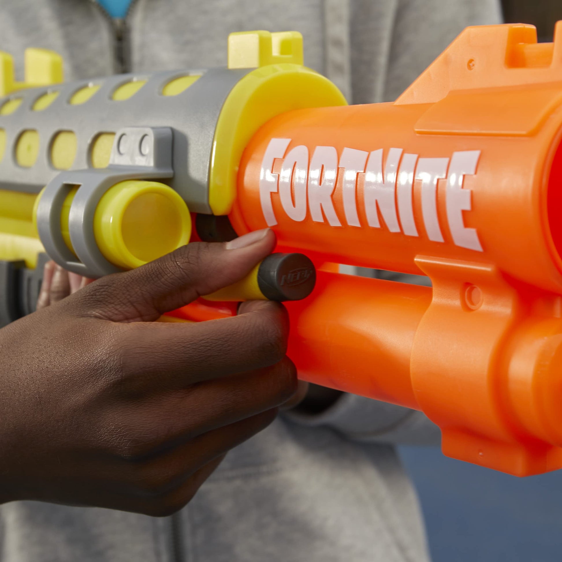 Nerf Fortnite Legendary TAC Dart Blaster, Yellow Glow Lap Design, 6 Dart Mega Drum and 6 Nerf Accustrike Mega Darts, Pump Action F4168
