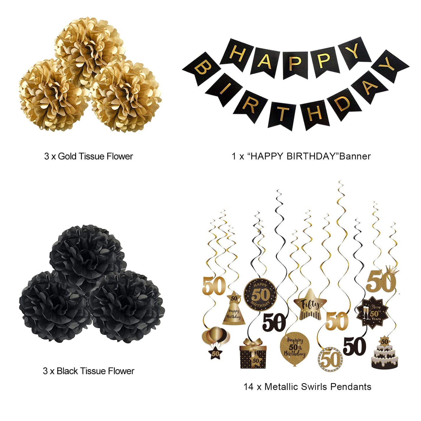 BRT Bearingshui Happy 50th Birthday Hanging Swirls Streamers Decoration Set, Happy Birthday Banner with Tissue Pompoms, Black and Gold 50 Years Old