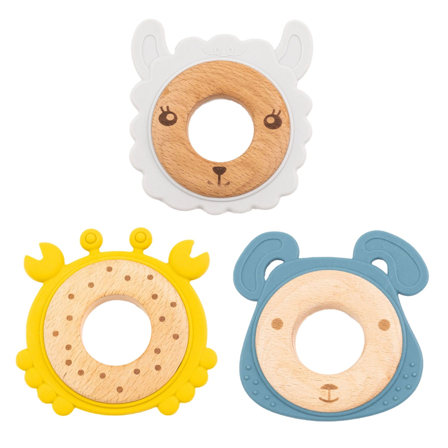 3-Pack Baby Teething Toys for 0-12 Months | Food-Grade Silicone & Natural Beech Wood Teether Set | Easy-to-Hold Animal Shapes for Soothing Chewing |