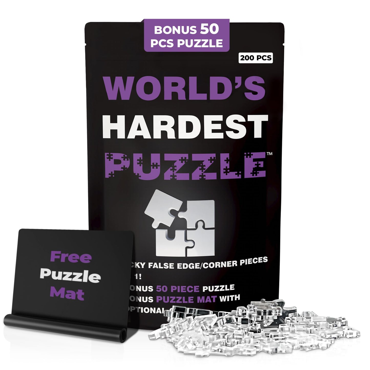 World's Hardest Puzzle ® - Clear Impossible Puzzle for Adults - Funny, Difficult, & Challenging - Hard Acrylic w/False Edges & Corners - Free Mat +