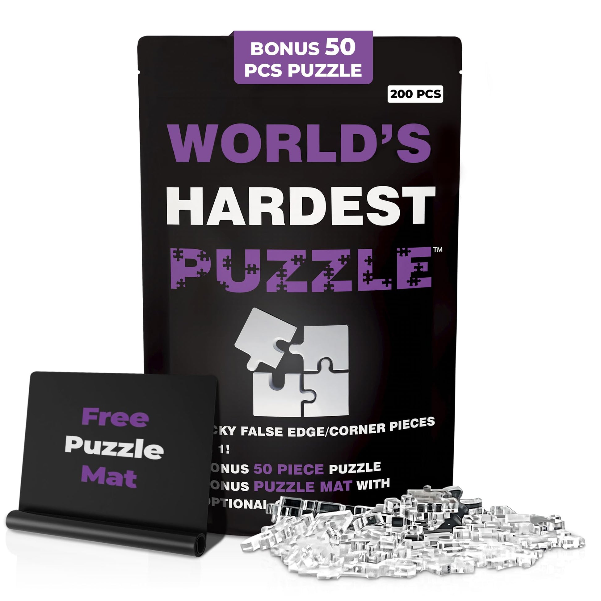 World's Hardest Puzzle ® - Clear Impossible Puzzle for Adults - Funny, Difficult, & Challenging - Hard Acrylic w/False Edges & Corners - Free Mat +