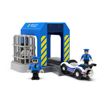 Wooden Train Tracks Accessories, Train Set Piece of Police Station Compatible with All Railroad Track Collection, Train Toys Expansion Pack for Kids