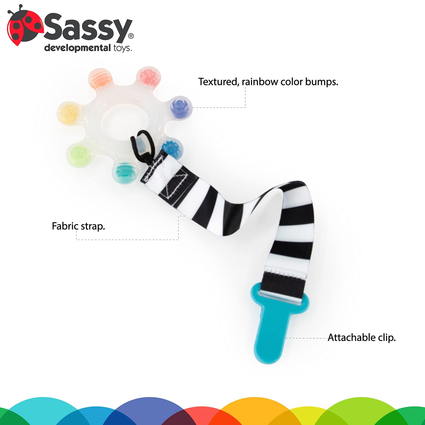 Sassy Rainbow Star Teether with Keeper | Textured Silicone Teether for Teething | Ages 3+ Months and Up