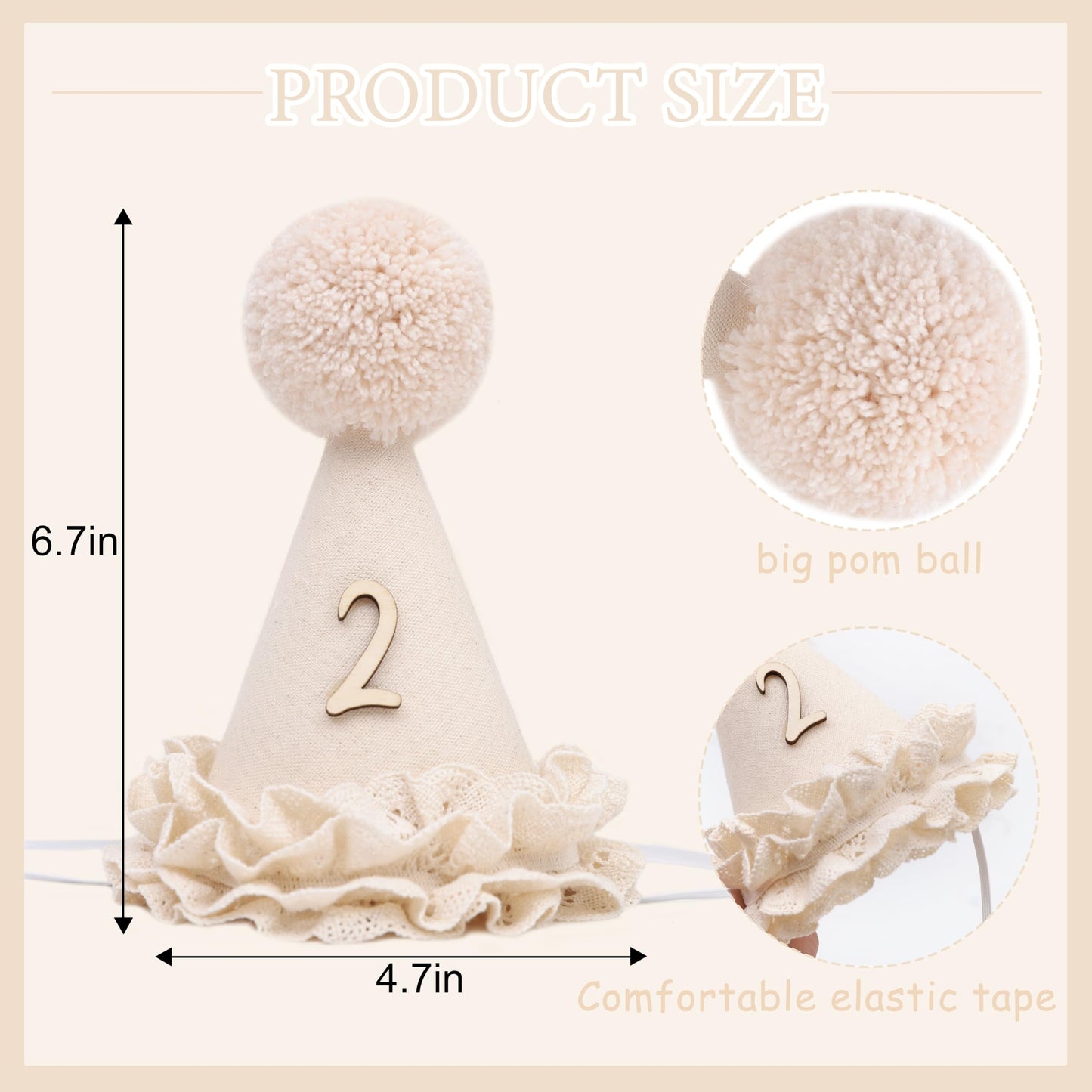 WAHAWU Lace 2nd Birthday Hat - Two Sweet Birthday Decorations,Lace Flower Princess Party Crown,Beige Cone Hat for Cake Smash,Second Floral Party