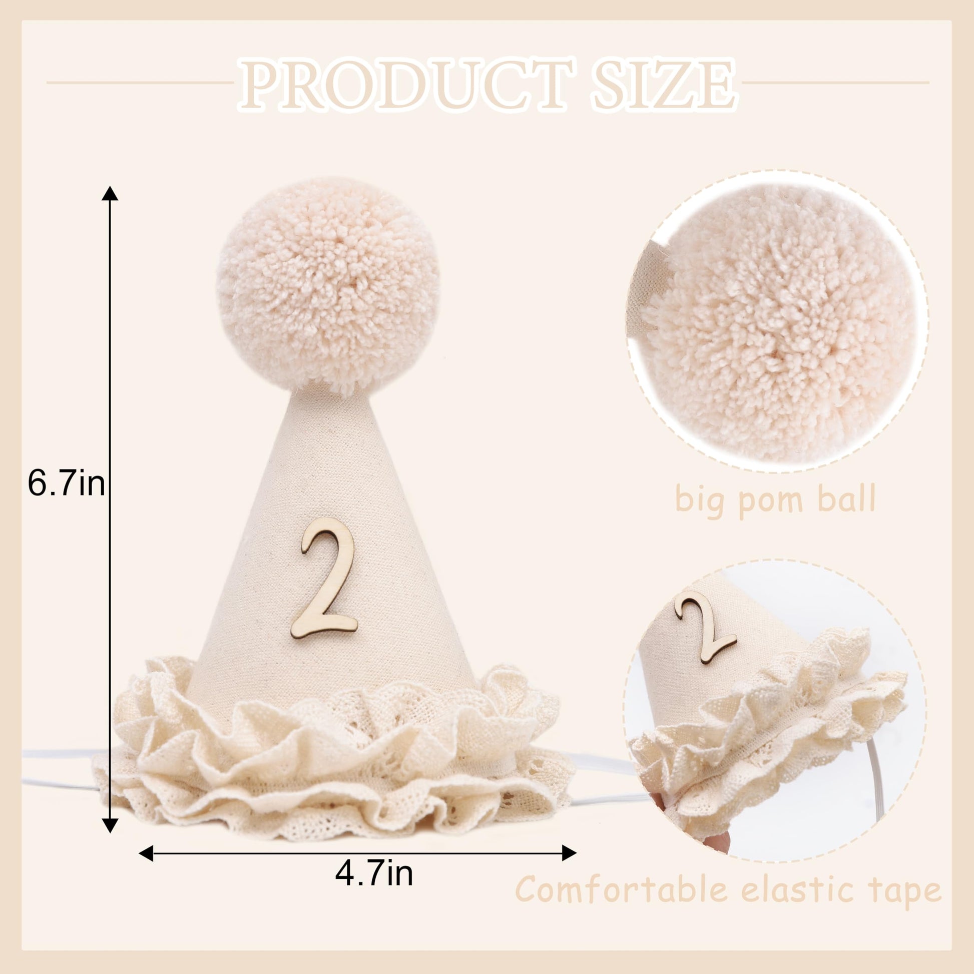 WAHAWU Lace 2nd Birthday Hat - Two Sweet Birthday Decorations,Lace Flower Princess Party Crown,Beige Cone Hat for Cake Smash,Second Floral Party