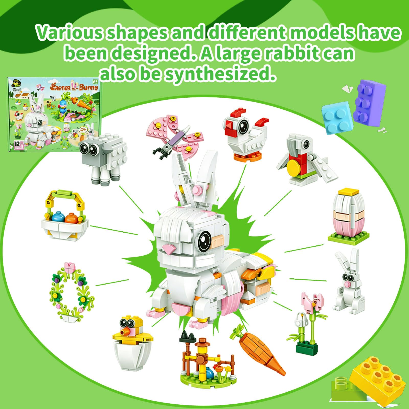 Sakiway 12 pcs Easter Egg Fillers Building Kits,Easter Bricks Toy Gift Easter Egg Fillers, Teen Easter Basket Stuffers for Boys Girls, Prefilled