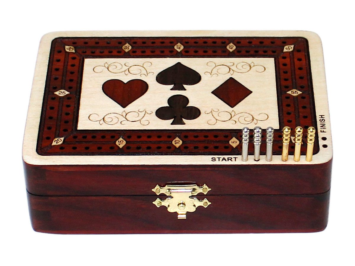 House of Cribbage - 2 Track - Wooden Cribbage Board / Box - Inlaid in Maple Wood / Bloodwood - Storage for Pegs & One Deck of Cards - 60 Points - Non