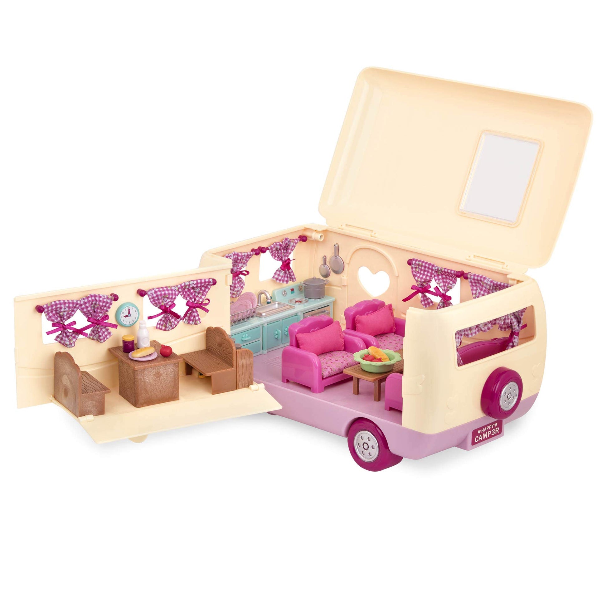 Li'l Woodzeez - Happy Camper Pink with Detachable Vehicle - 40 Pieces Dollhouse Playset with Furniture, Play Food & Kitchen Accessories for 3+ Years