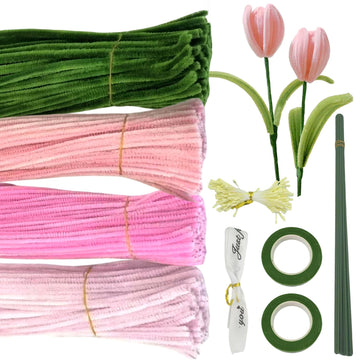 400Pcs Pink Pipe Cleaners Craft Flowers Bulk, 4 Assorted Colored Pastel Chenille Stems for DIY Flowers, Fuzzy Pipe Cleaners for Crafts, Craft Supplies