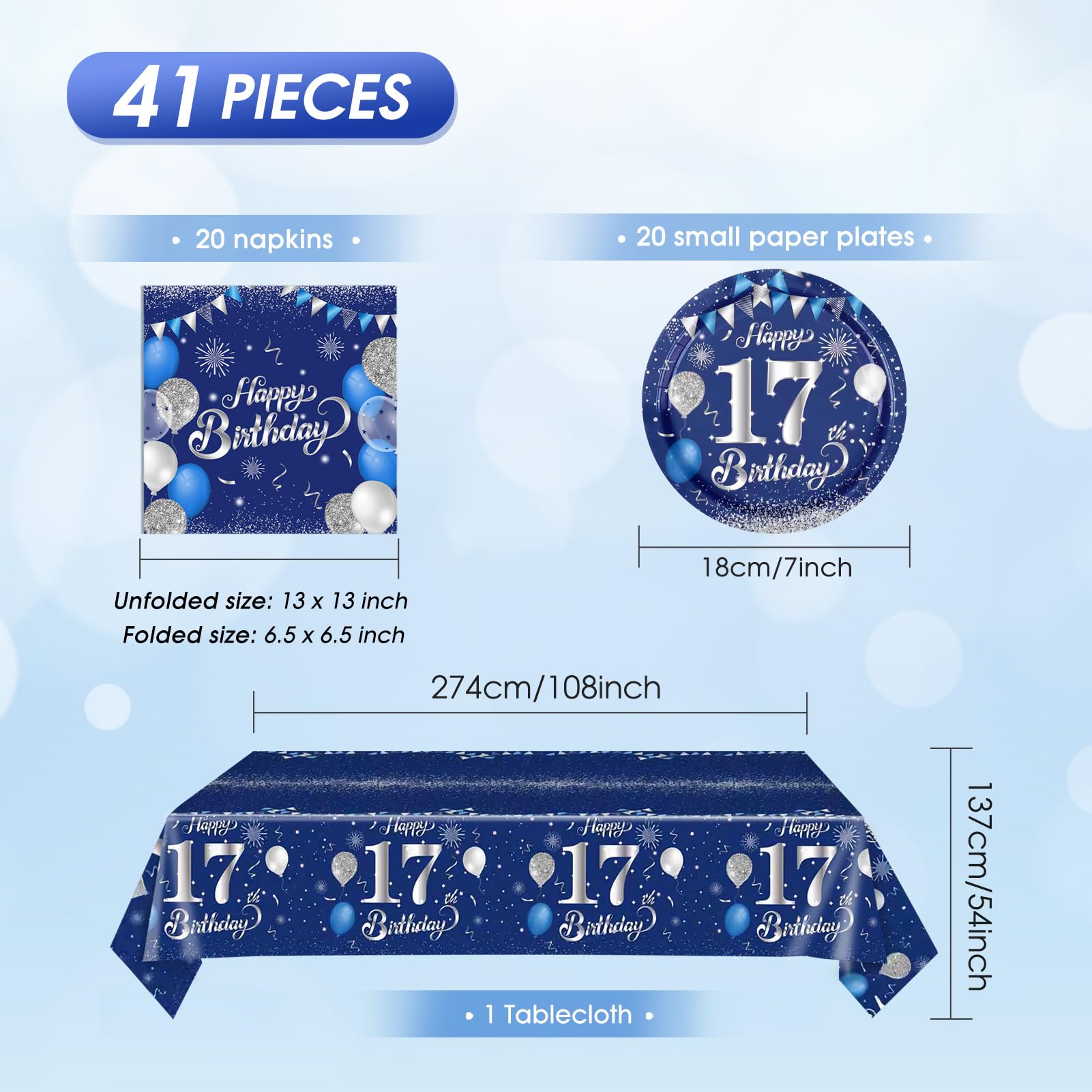 41 PCS 17th Birthday Decorations for Boys Girls Disposable Blue Sliver 17 Year Old Tableware Happy 17th Birthday Dessert Plates Napkins Tablecloth Set