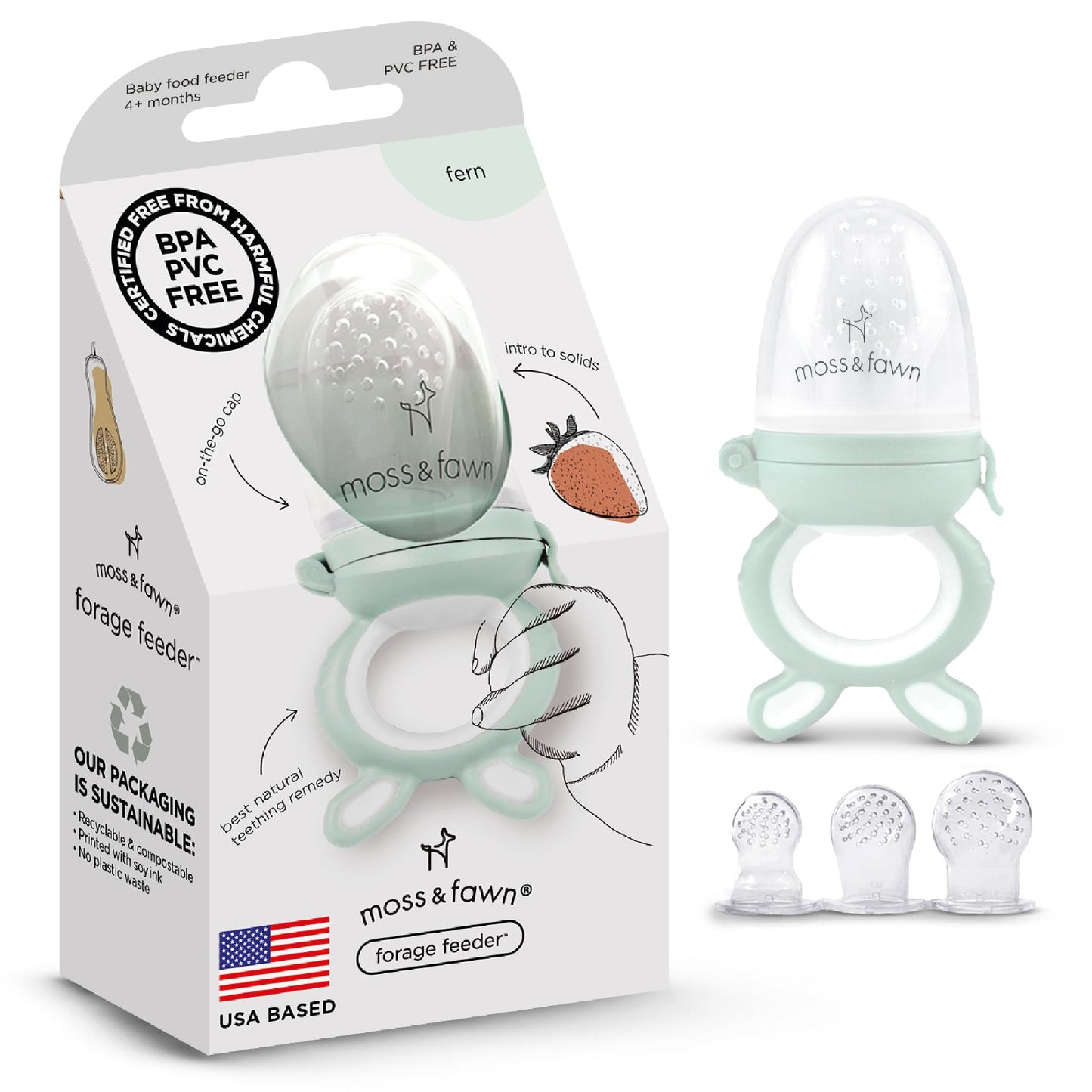 Moss and Fawn Forage Feeder - Silicone Baby Fruit Feeder, Frozen Breast Milk Popsicle Teether & Pacifier - BPA, PVC & Phthalate-Free - Fern
