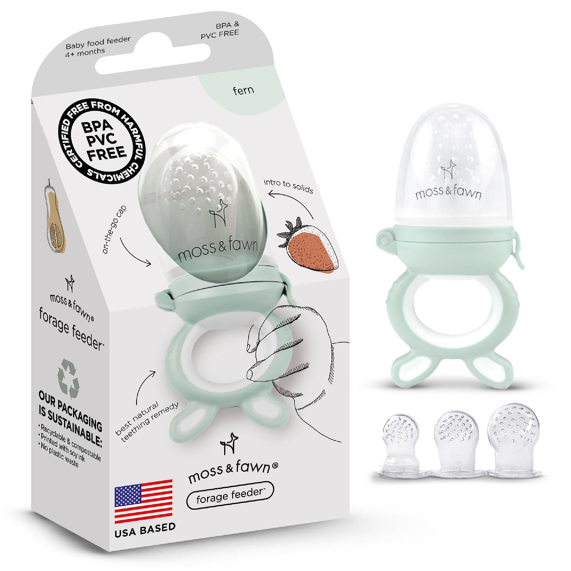 Moss and Fawn Forage Feeder - Silicone Baby Fruit Feeder, Frozen Breast Milk Popsicle Teether & Pacifier - BPA, PVC & Phthalate-Free - Fern