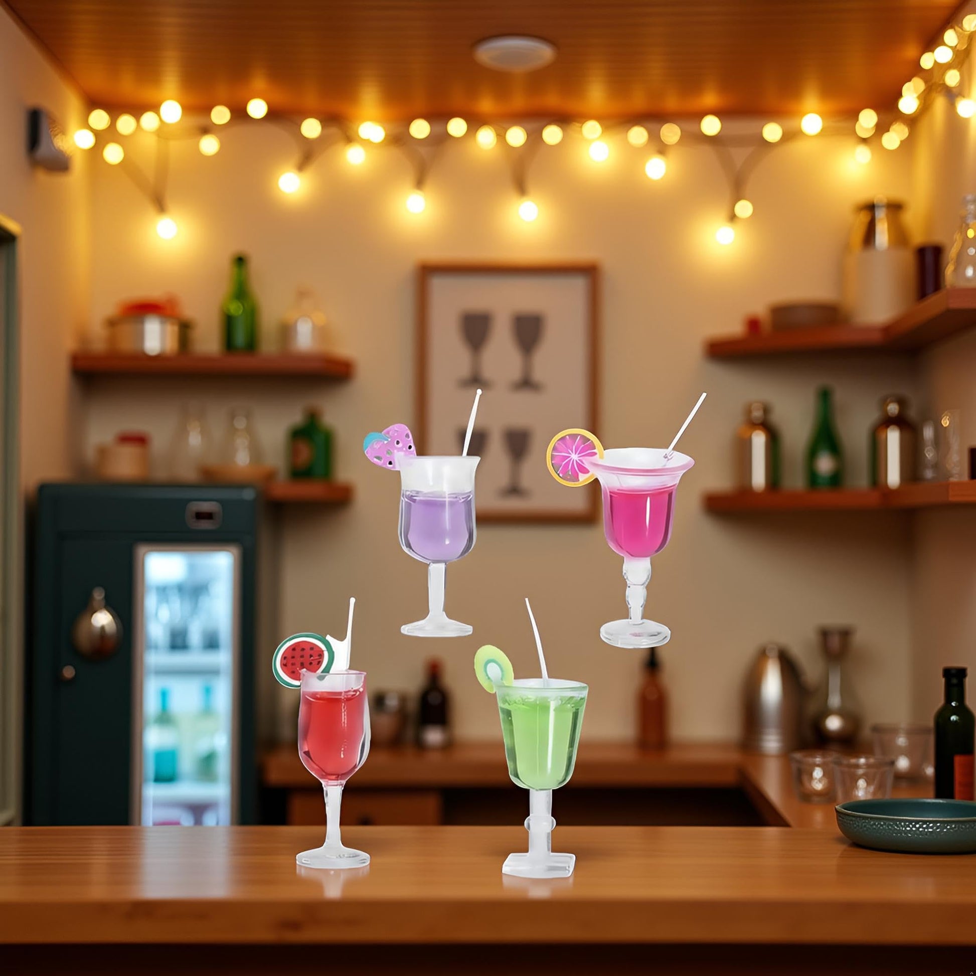 4 Pcs Miniature Dollhouse Juice and Wine Bottle Set - Resin Cocktail Cups, Simulated Drink Models for Dollhouse Kitchen Decor, Mini Props for DIY