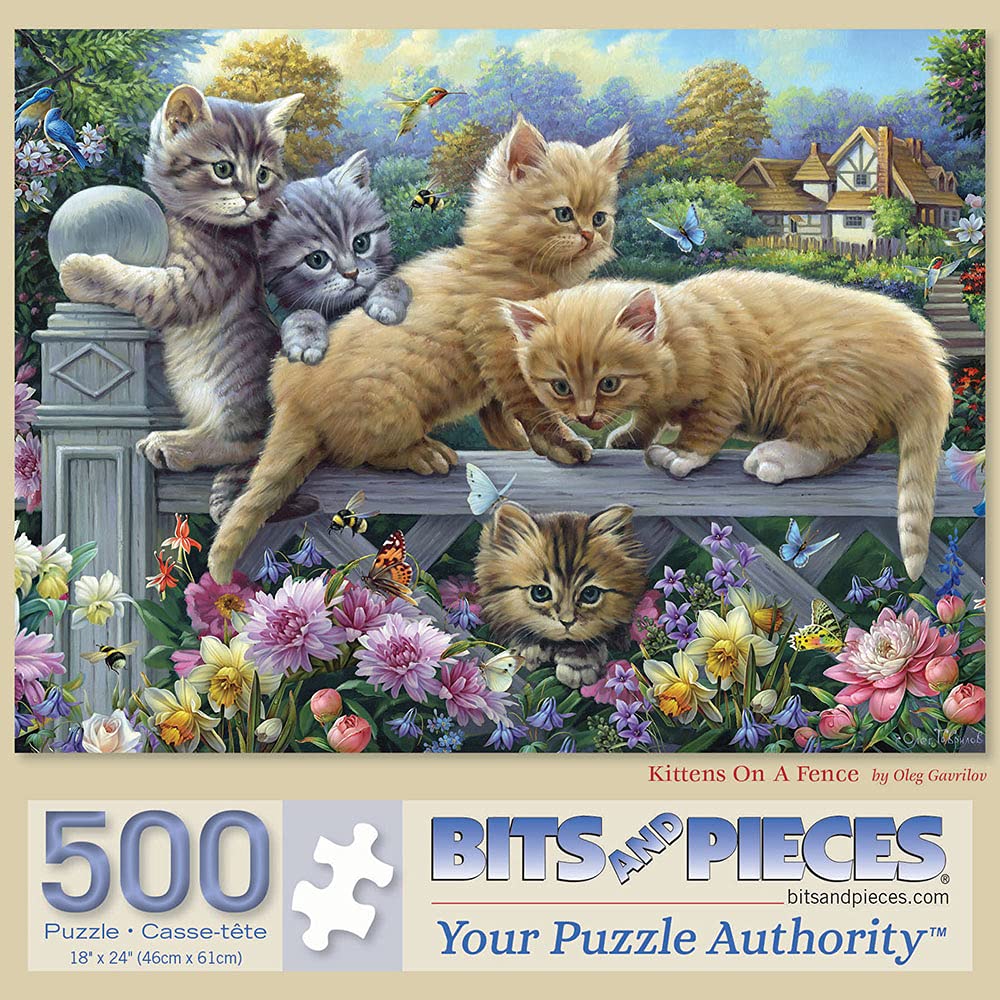 Bits and Pieces - 500 Piece Jigsaw Puzzle for Adults - Kittens On A Fence - Cat Flower Pet Garden Bloom Spring Jigsaw Puzzle by Artist Oleg Gavrilov