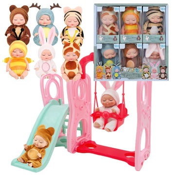 Xadothat 6 Pcs Mini Baby Dolls Set 4 Inch Small Baby Dolls with Animal Clothes and Slide Swing Toys (Dolls C)