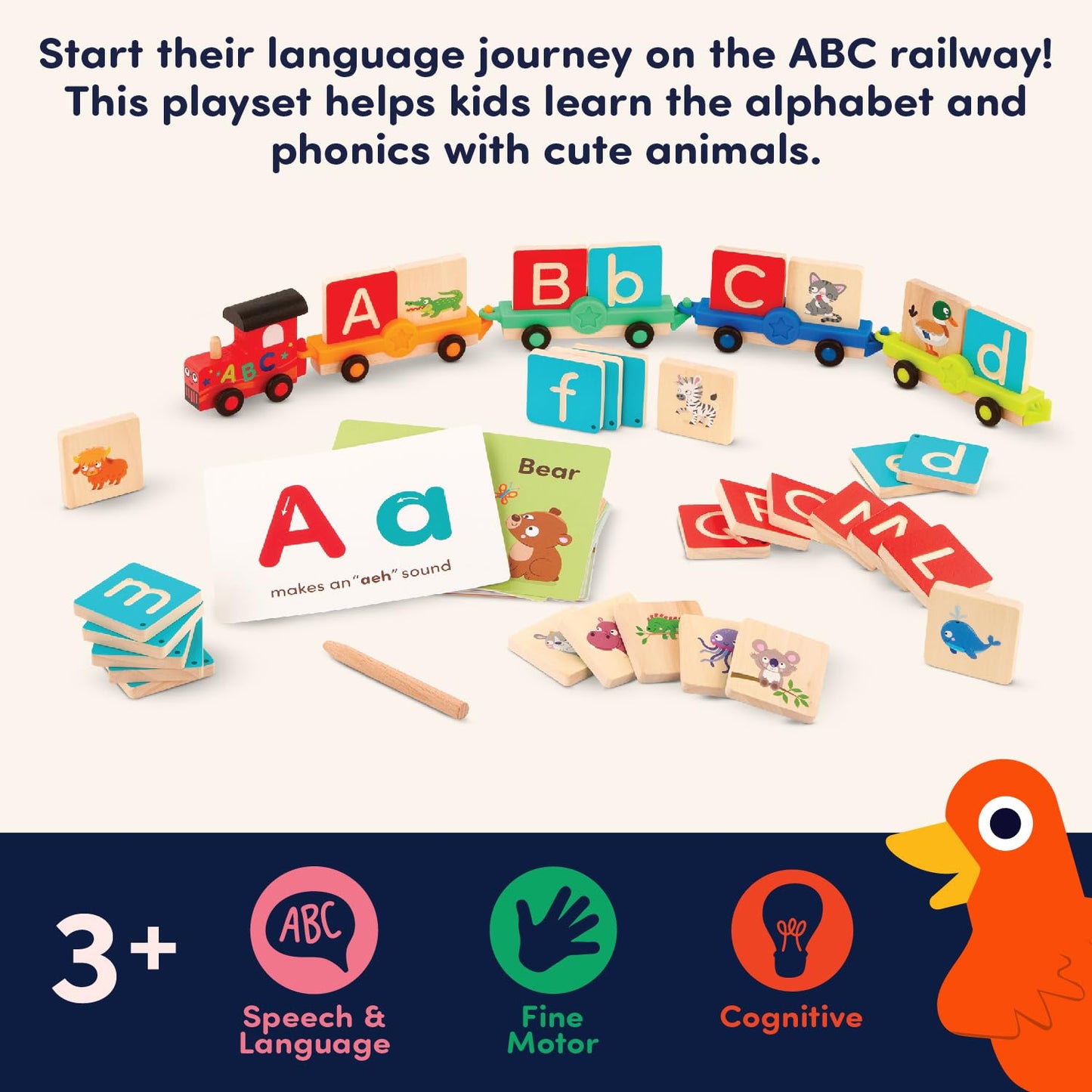 Battat Education - Wooden Alphabet Train Set ABC Letter Train Toy with 84 Pieces for Toddlers - Educational Color & Shape Recognition