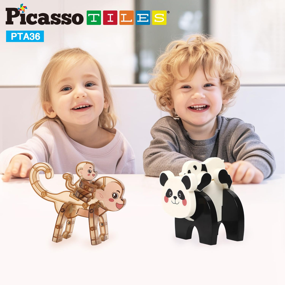 PicassoTiles Magnetic Build a Panda & Monkey Set Magnet Tile Blocks Add-on Expansion Pack, with Panda, Cub, Monkey & Baby Monkey Preschool Learning