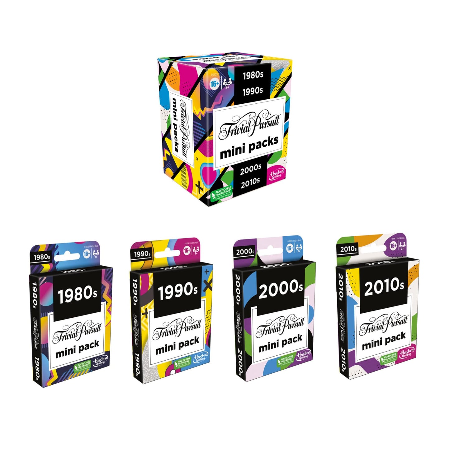 Hasbro Games Trivial Pursuit Mini Packs Multipack, Fun Trivia Questions for Adults and Teens Ages 16+, Includes 4 Game Featuring 4 Decades
