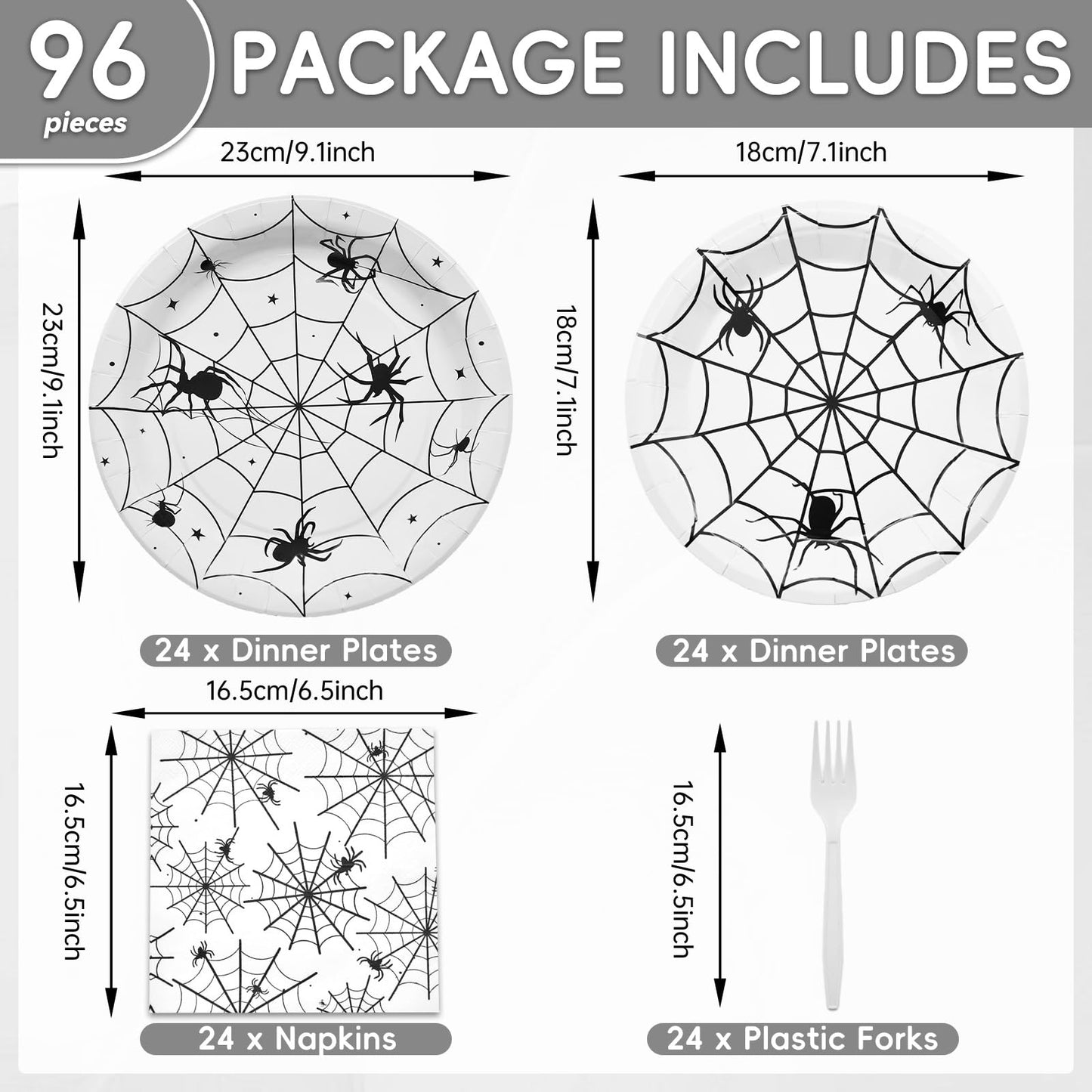 96 Pieces Halloween Spider Web Tableware Party Supplies - Disposable Dinnerware Set with Paper Plates, Napkins, and Forks for Spooky Halloween Party