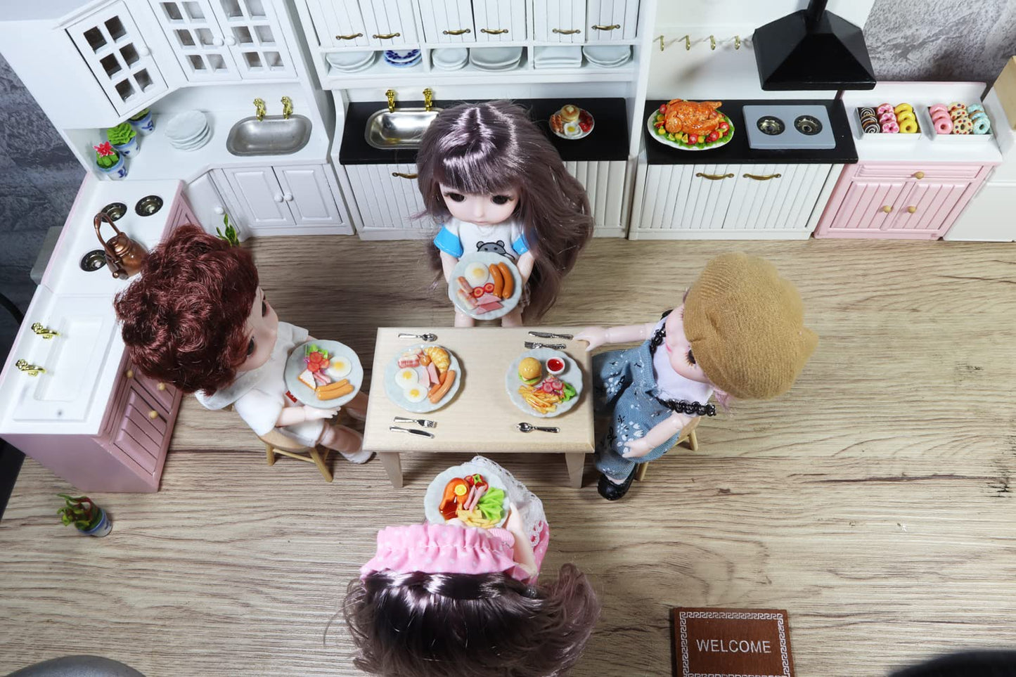 Mixed 5 Assorted Breakfast Dollhouse Miniature Food Set (1/6 Scale) - Sausage, Salmon Steak, Bacon, Burger & Fried Egg on Ceramic Plates, Handmade