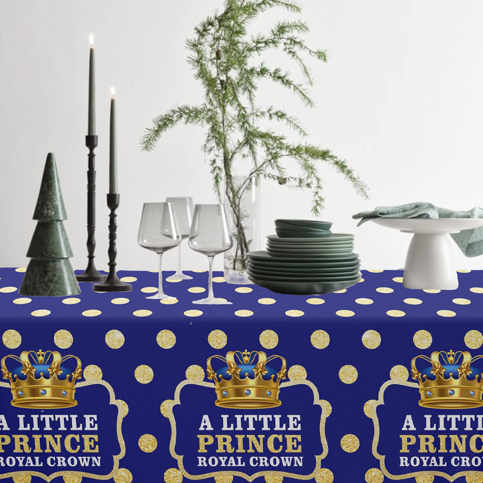 Junliang A Little Prince Royal Crown Tablecloth Blue Gold Dot Sequin Printed Table Cover Decoration for Little Prince Theme Party Kids Boy Baby Shower