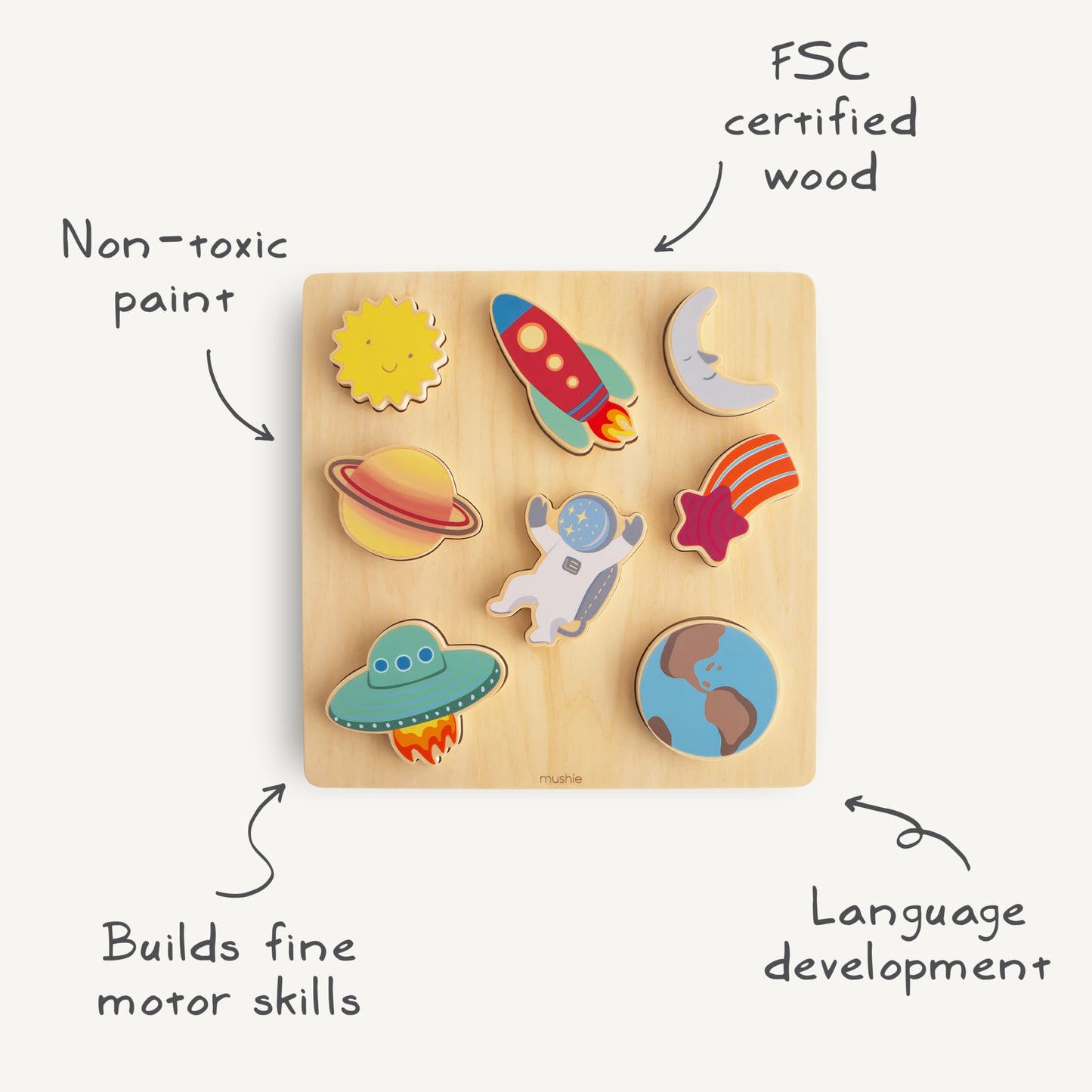 mushie Wooden Space Puzzle | for Kids 3 Years+ | Preschool Educational & Toddler Montessori Toys (8 pcs)
