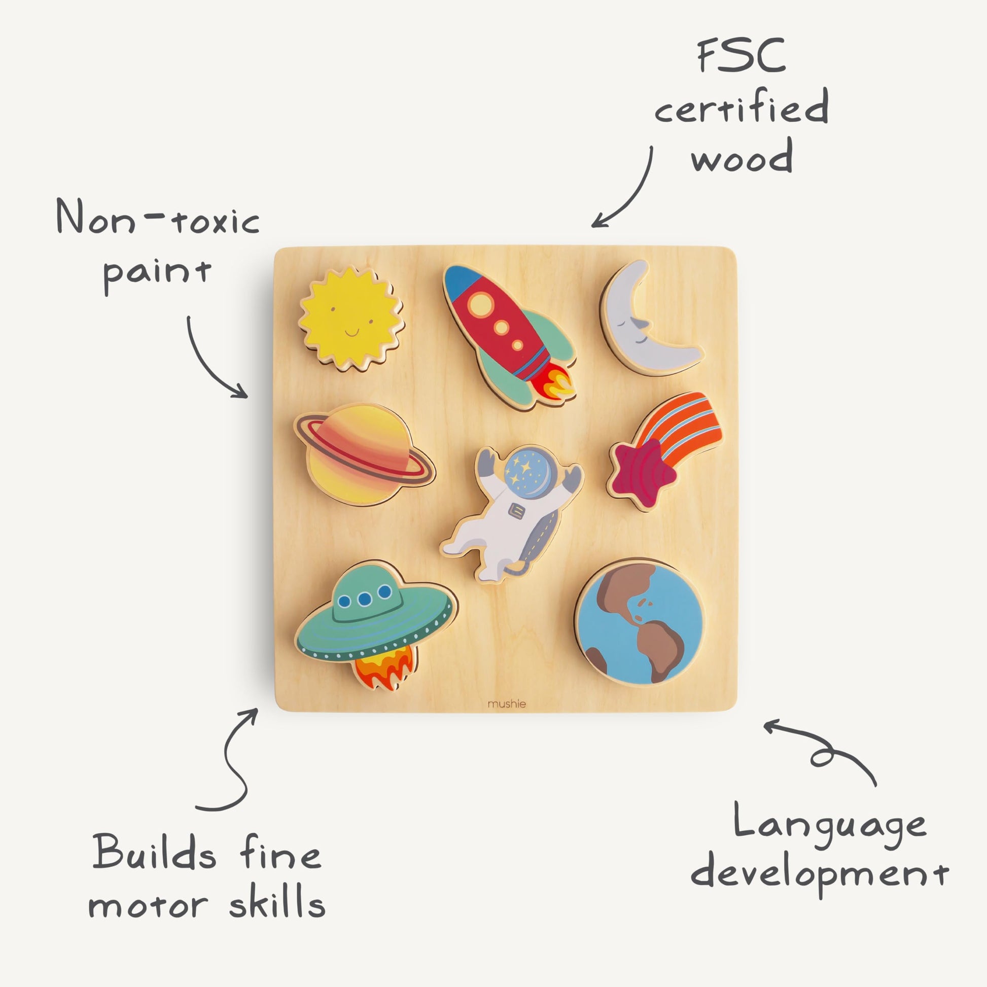 mushie Wooden Space Puzzle | for Kids 3 Years+ | Preschool Educational & Toddler Montessori Toys (8 pcs)