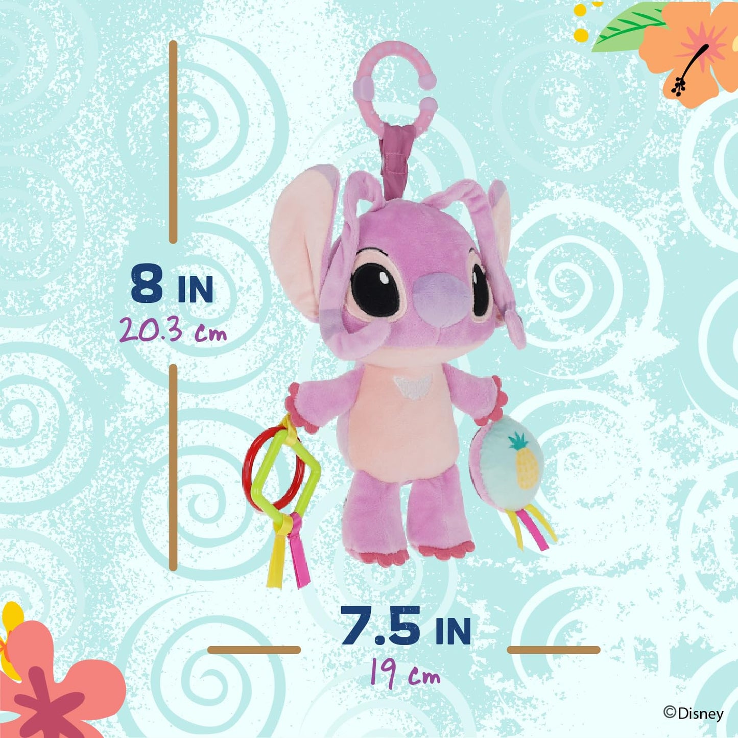 Kids Preferred Disney Baby Lilo and Stitch Angel On The Go Activity Toy with Teether Rings, On The Go Clip, Crinkle Texture, and Mirror