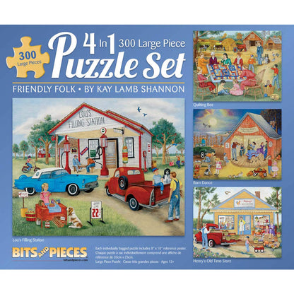 Bits and Pieces - 4-in-1 Multi-Pack 300 Piece Jigsaw Puzzles for Adults - Friendly Folk by Artist Kay Lamb Shannon, Completed Puzzle Size: 16" x 20"