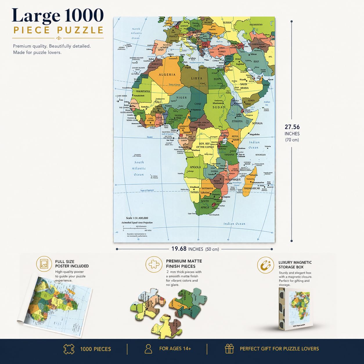 Map of Africa Puzzle for Adults | 1000 Piece Adult Jigsaw Puzzle | Africa Continent Puzzle | Vintage Political Jigsaw Puzzle with Poster